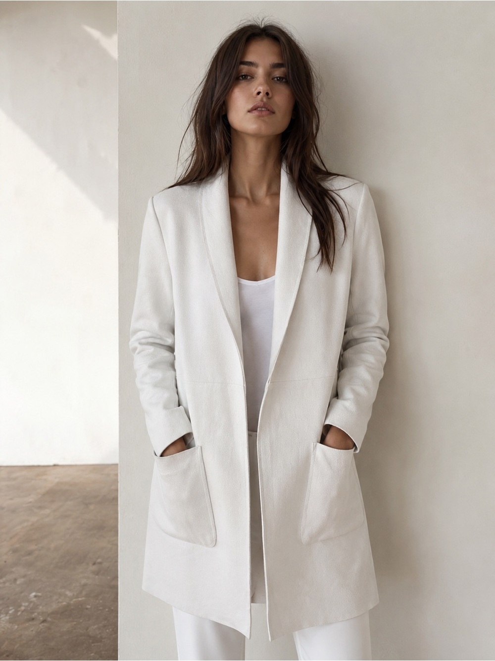 JOAN VASS New York Ivory Faux Leather Open Front Jacket Medium